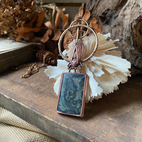 Electroformed Copper Kambaba Jasper beetle Pendant Necklace Sacred Altar Wiccan - Picture 2 of 4